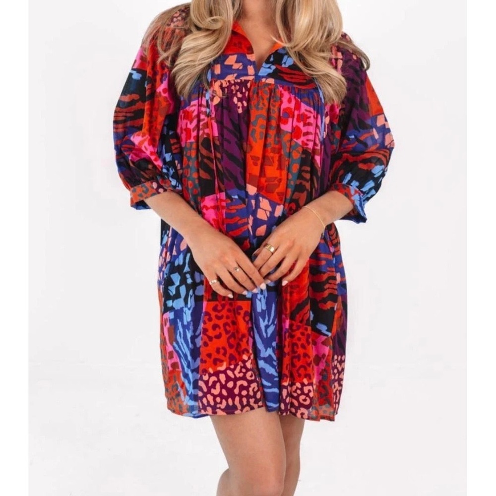 J. Marie Women‎ XS Patchwork Animal Print Babydoll Tunic Mini Dress Maximalist